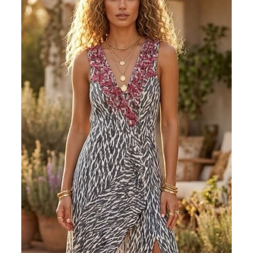 Figue Animal Print Beaded Embroidered Wrap Maxi Dress Size S Resort Cruise Party